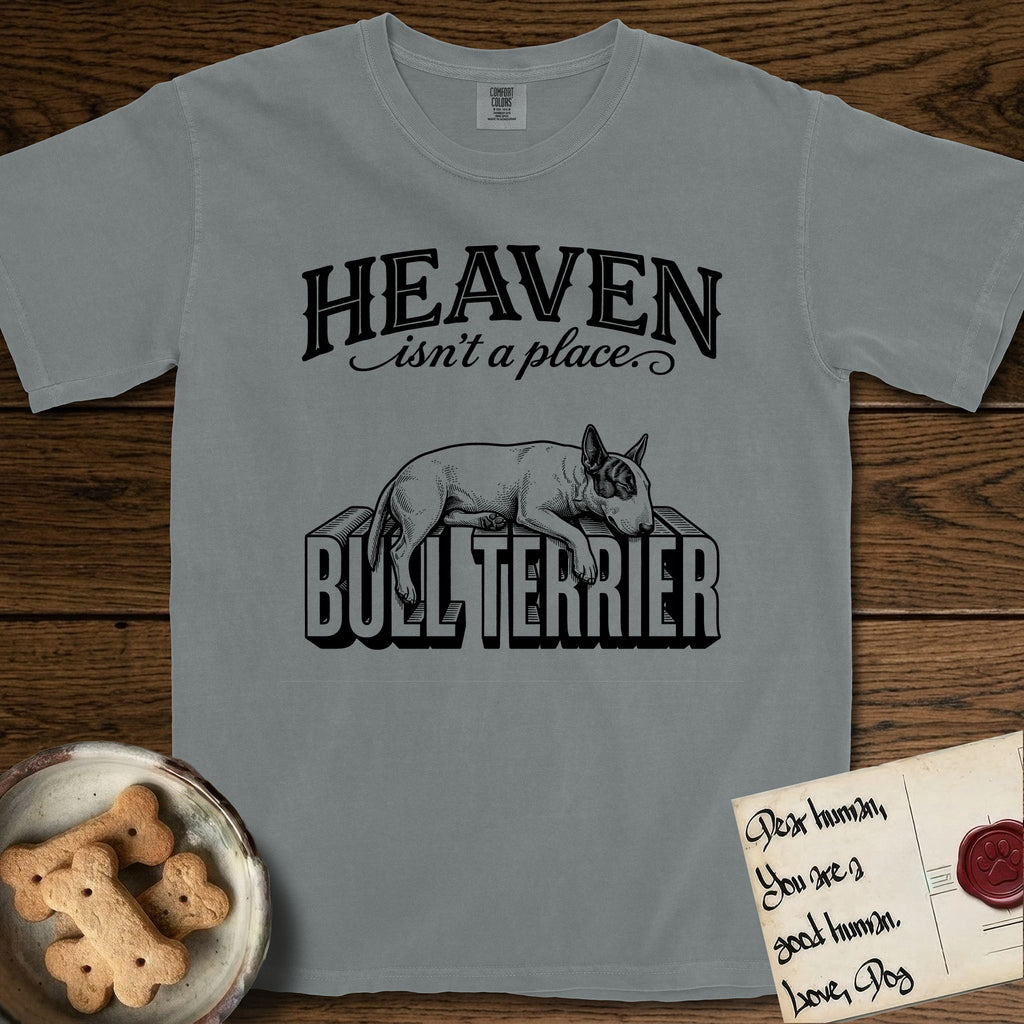 Heaven Isn't a Place Bull Terrier T-Shirt flat lay in Granite, featuring Black ink engraving illustration of a Bull Terrier with a dark patch over one eye asleep on top of the giant carved block letters BULL TERRIER, under the lettering HEAVEN isn't a place..