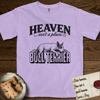 Heaven Isn't a Place Bull Terrier T-Shirt flat lay in Orchid, featuring Black ink engraving illustration of a Bull Terrier with a dark patch over one eye asleep on top of the giant carved block letters BULL TERRIER, under the lettering HEAVEN isn't a place..