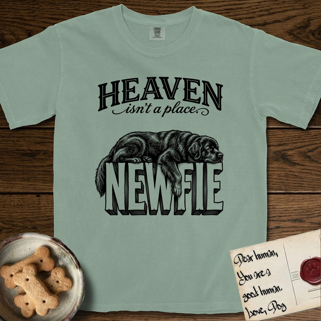 Heaven Isn't a Place Newfoundland T-Shirt flat lay in Bay, featuring Black ink engraving illustration of a Newfoundland asleep on top of the giant carved block letters NEWFIE, under the lettering HEAVEN isn't a place..