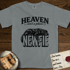 Heaven Isn't a Place Newfoundland T-Shirt flat lay in Granite, featuring Black ink engraving illustration of a Newfoundland asleep on top of the giant carved block letters NEWFIE, under the lettering HEAVEN isn't a place..
