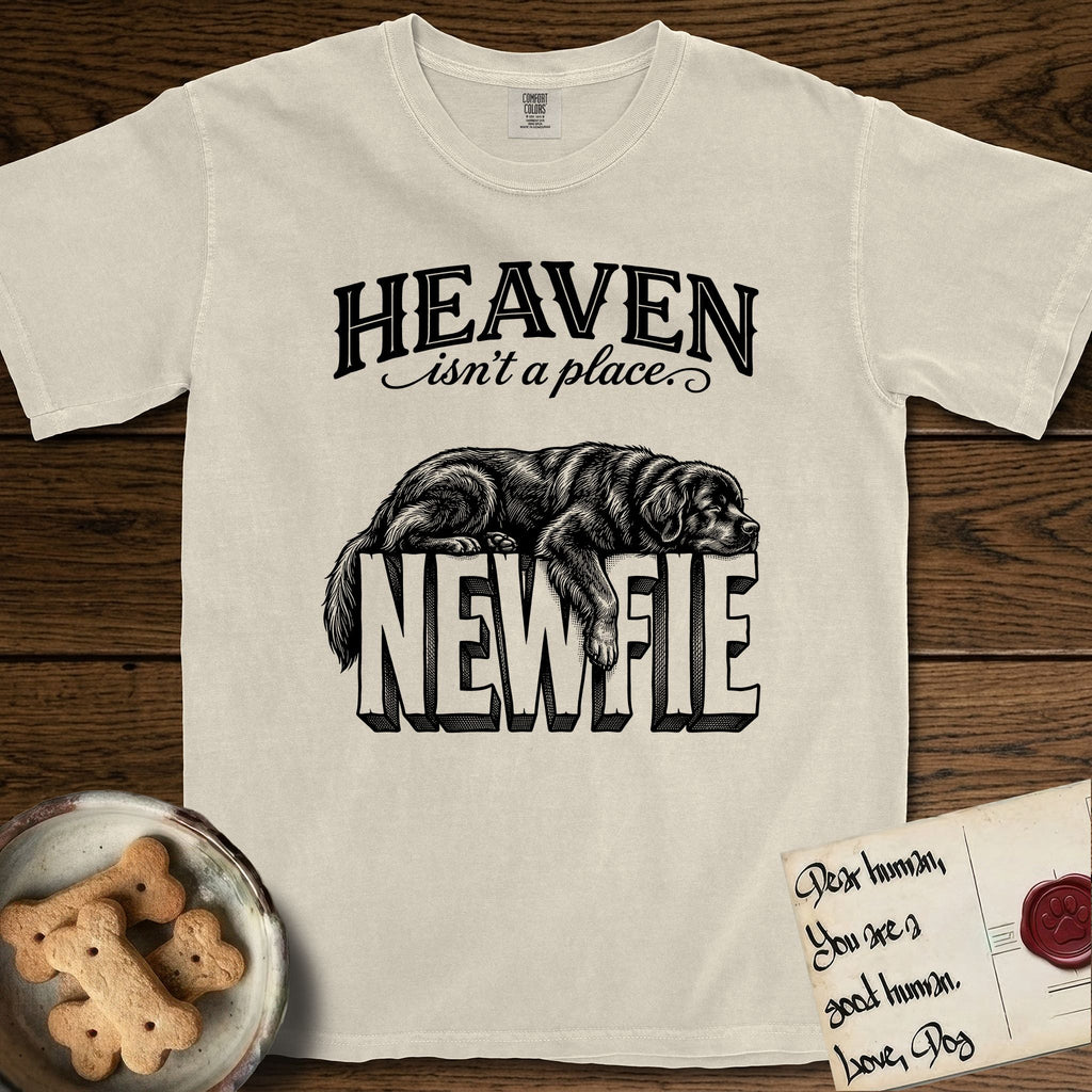 Heaven Isn't a Place Newfoundland T-Shirt flat lay in Ivory, featuring Black ink engraving illustration of a Newfoundland asleep on top of the giant carved block letters NEWFIE, under the lettering HEAVEN isn't a place..