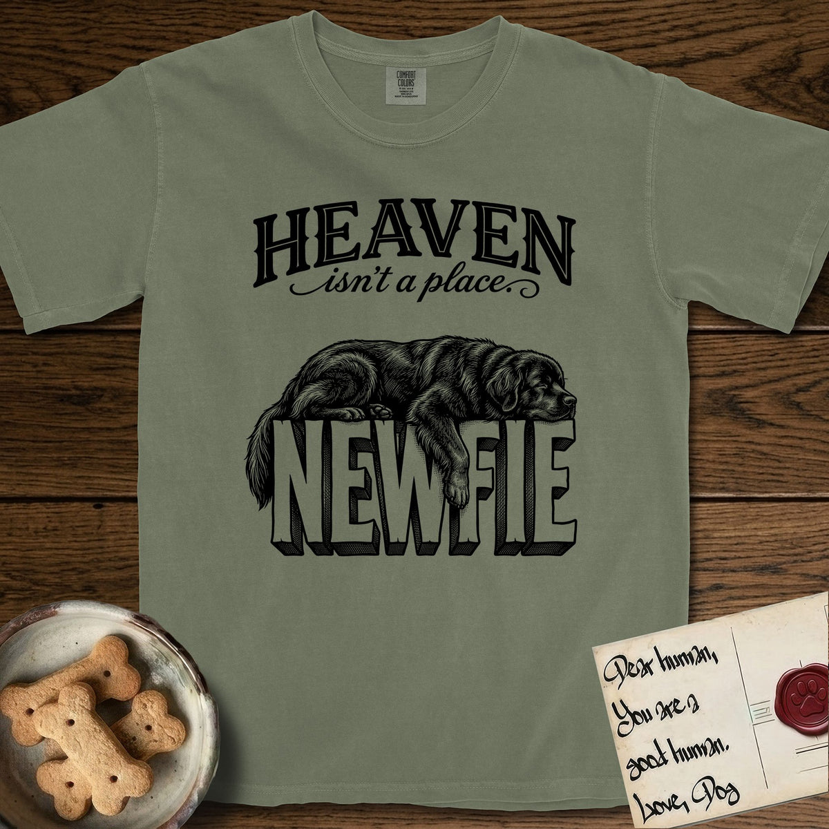 Heaven Isn't a Place Newfoundland T-Shirt flat lay in Sage, featuring Black ink engraving illustration of a Newfoundland asleep on top of the giant carved block letters NEWFIE, under the lettering HEAVEN isn't a place..