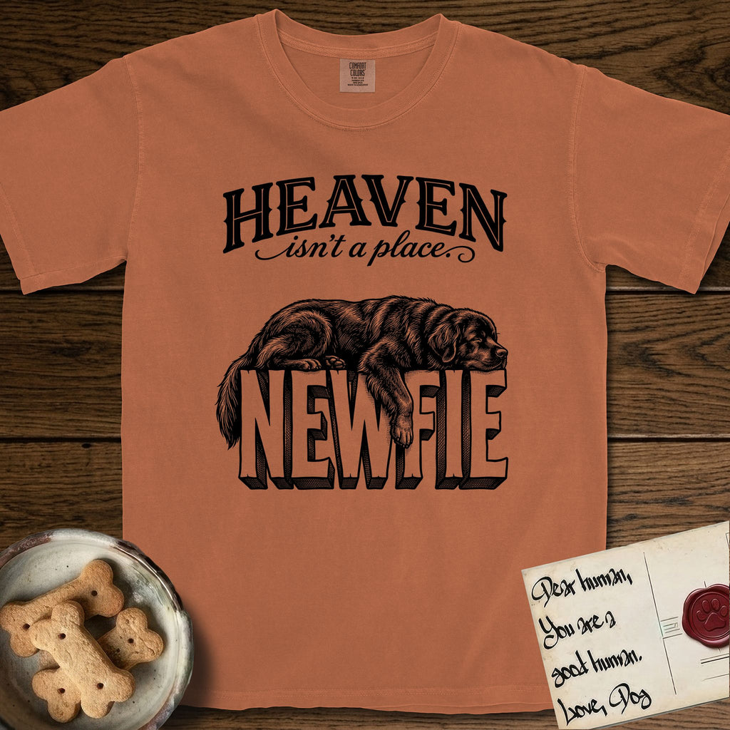 Heaven Isn't a Place Newfoundland T-Shirt flat lay in Yam, featuring Black ink engraving illustration of a Newfoundland asleep on top of the giant carved block letters NEWFIE, under the lettering HEAVEN isn't a place..