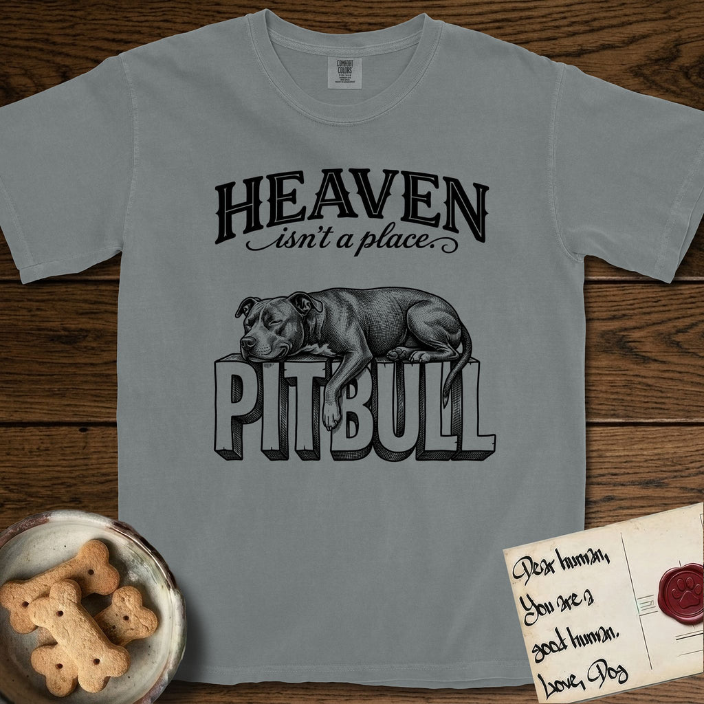 Heaven Isn't a Place Pitbull T-Shirt flat lay in Granite, featuring Black ink engraving illustration of a Pitbull asleep on top of the giant carved block letters PITBULL, under the lettering HEAVEN isn't a place..