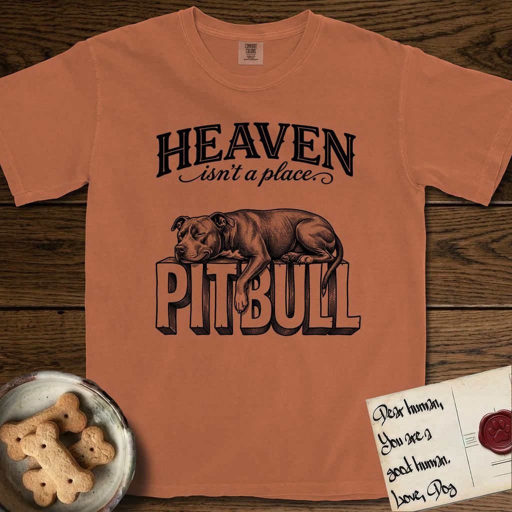 Heaven Isn't a Place Pitbull T-Shirt flat lay in Yam, featuring Black ink engraving illustration of a Pitbull asleep on top of the giant carved block letters PITBULL, under the lettering HEAVEN isn't a place..