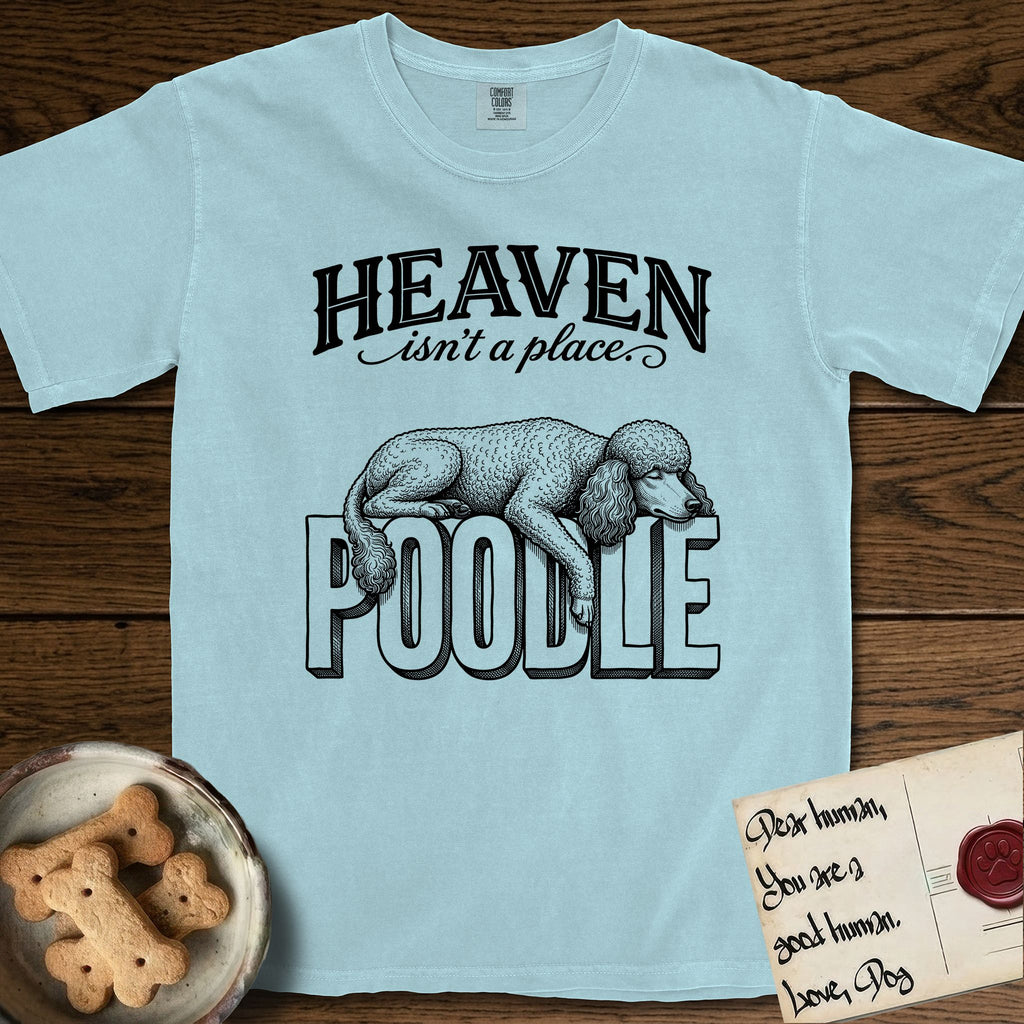 Heaven Isn't a Place Poodle T-Shirt flat lay in Chambray, featuring Black ink engraving illustration of a curly Standard Poodle asleep on top of the giant carved block letters POODLE, under the lettering HEAVEN isn't a place..