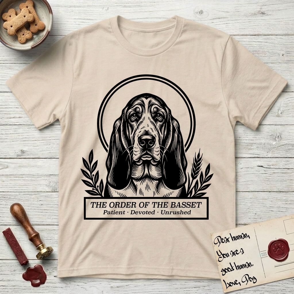 Holy Orders Basset Hound T-Shirt flat lay in Sand, featuring a bold black-and-white linocut saint-medallion portrait of a Basset Hound.
