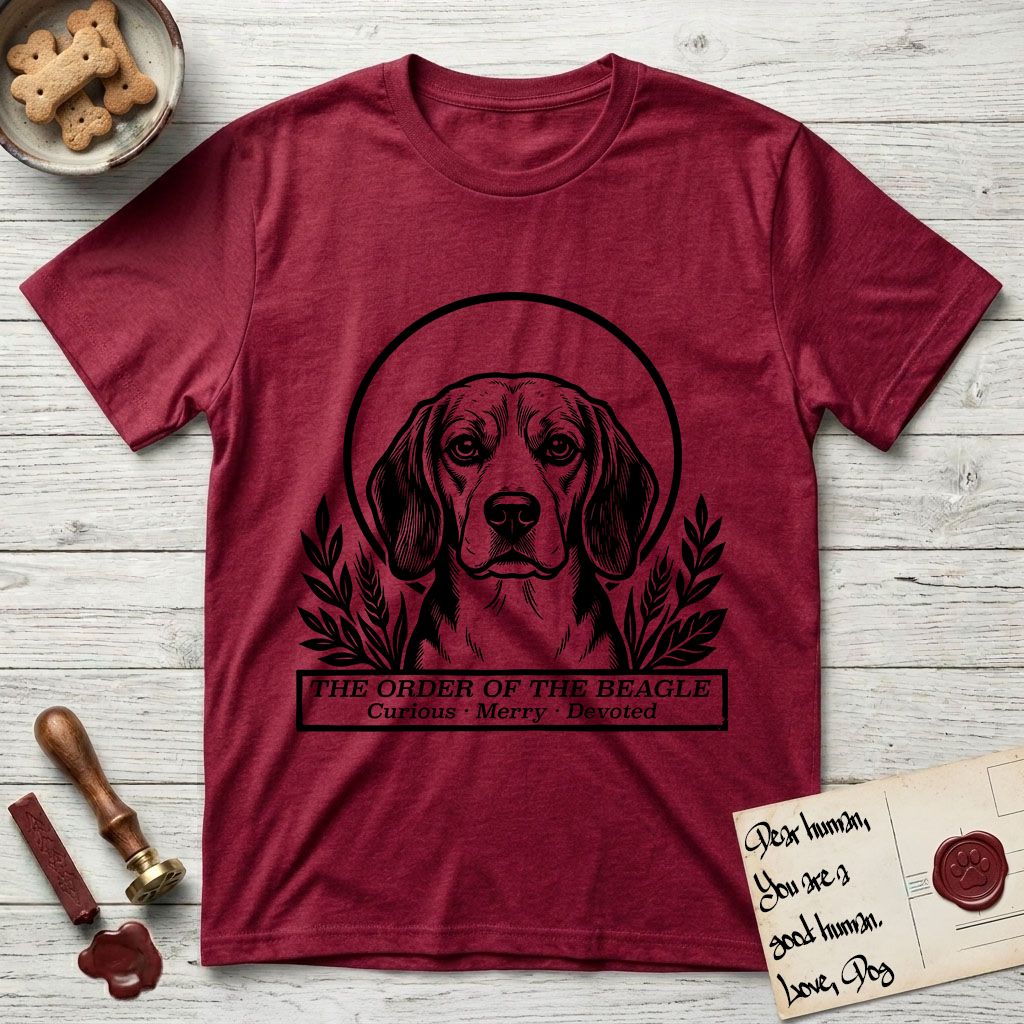 Holy Orders Beagle T-Shirt flat lay in Antique Cherry Red, featuring a bold black-and-white linocut saint-medallion portrait of a Beagle.