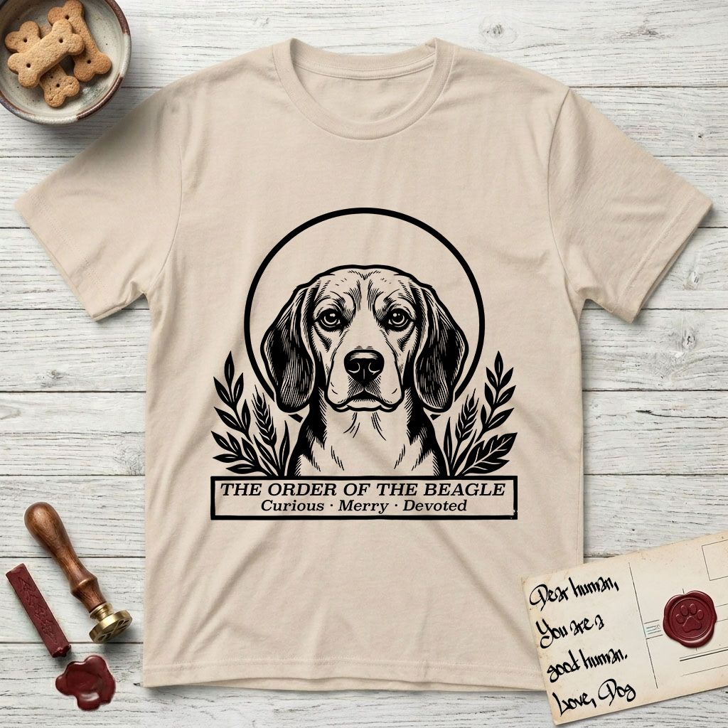Holy Orders Beagle T-Shirt flat lay in Sand, featuring a bold black-and-white linocut saint-medallion portrait of a Beagle.