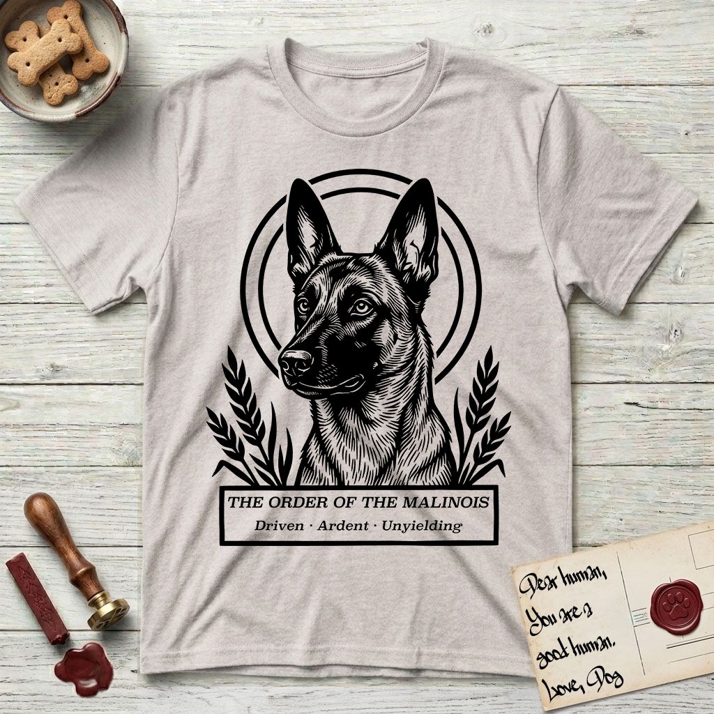 Holy Orders Belgian Malinois T-Shirt flat lay in Ice Grey, featuring a bold black-and-white linocut saint-medallion portrait of a Belgian Malinois.