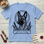 Holy Orders Belgian Malinois T-Shirt flat lay in Light Blue, featuring a bold black-and-white linocut saint-medallion portrait of a Belgian Malinois.