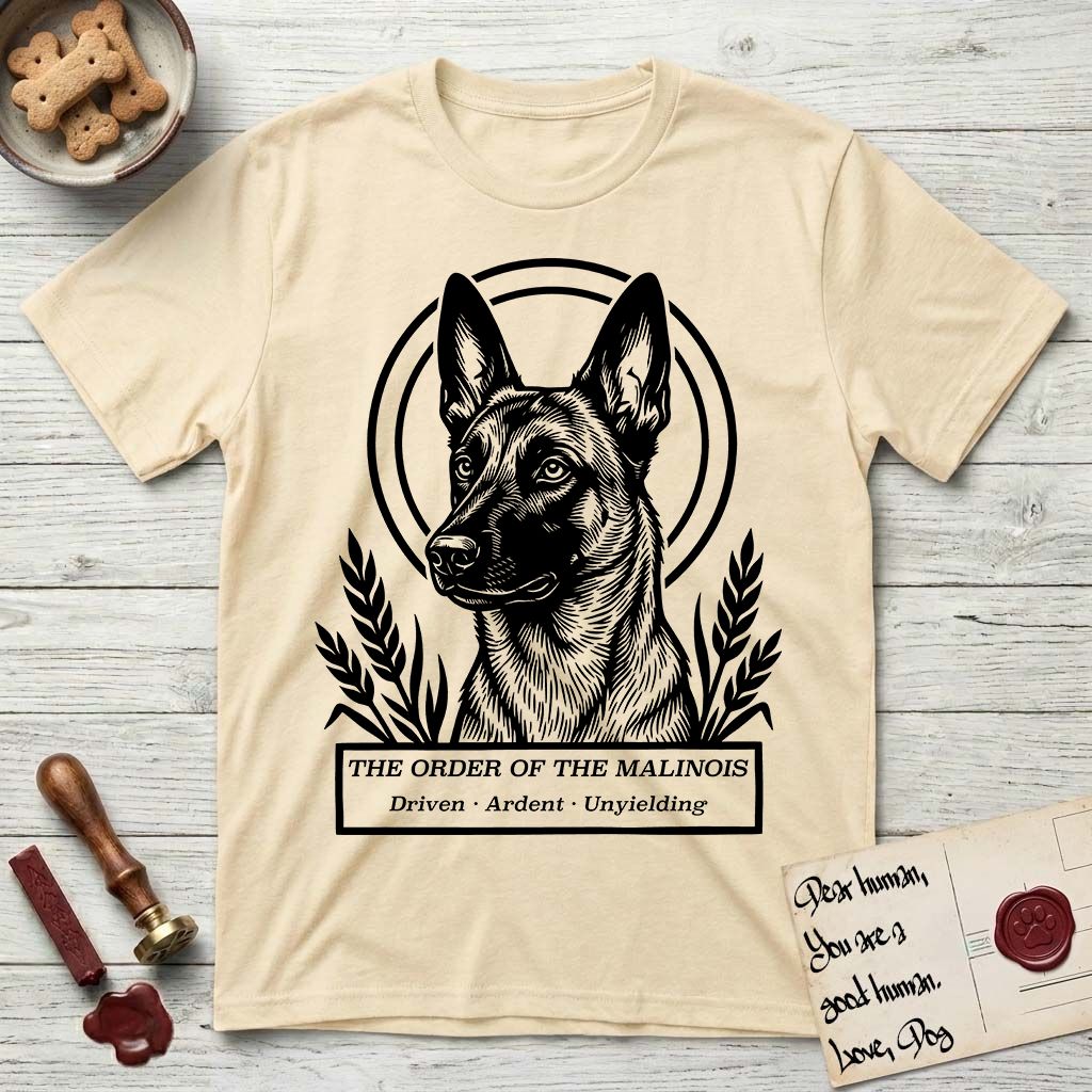 Holy Orders Belgian Malinois T-Shirt flat lay in Natural, featuring a bold black-and-white linocut saint-medallion portrait of a Belgian Malinois.