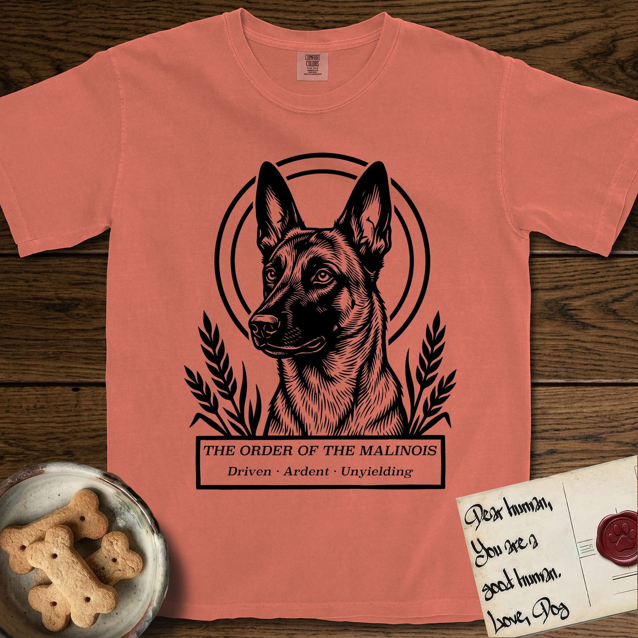 Holy Orders Belgian Malinois T-Shirt flat lay in Terracotta, featuring a bold black-and-white linocut saint-medallion portrait of a Belgian Malinois.