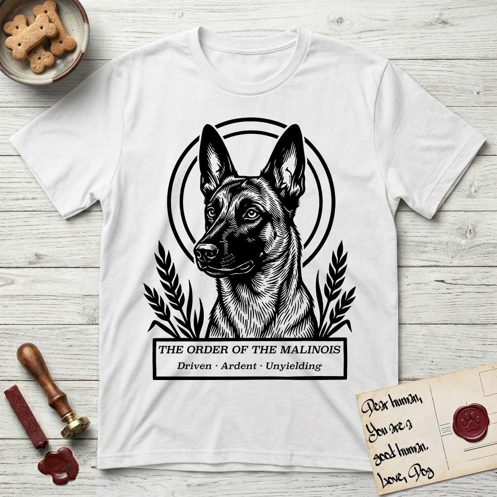 Holy Orders Belgian Malinois T-Shirt flat lay in White, featuring a bold black-and-white linocut saint-medallion portrait of a Belgian Malinois.