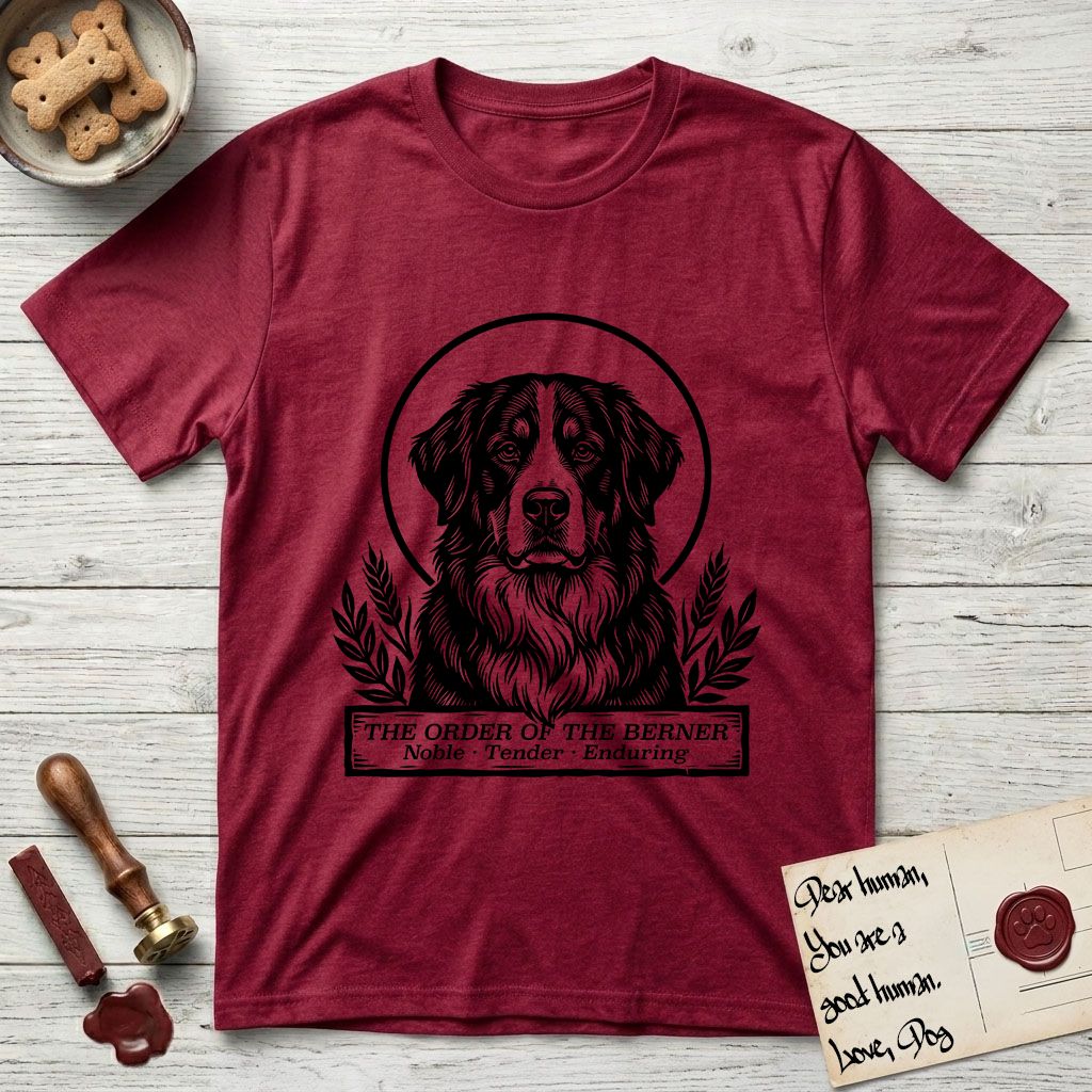 Holy Orders Bernese Mountain Dog T-Shirt flat lay in Antique Cherry Red, featuring a bold black-and-white linocut saint-medallion portrait of a Bernese Mountain Dog.