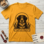 Holy Orders Bernese Mountain Dog T-Shirt flat lay in Gold, featuring a bold black-and-white linocut saint-medallion portrait of a Bernese Mountain Dog.