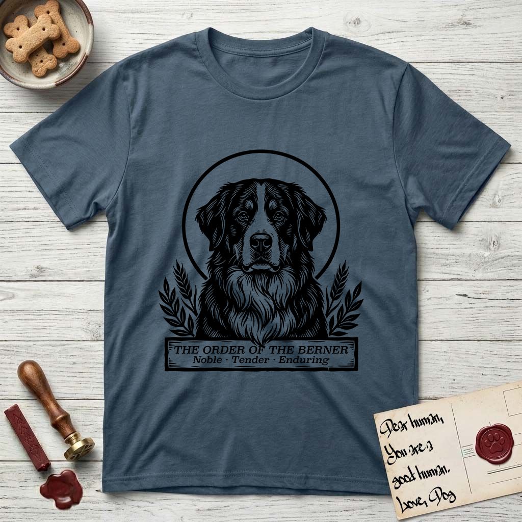 Holy Orders Bernese Mountain Dog T-Shirt flat lay in Indigo Blue, featuring a bold black-and-white linocut saint-medallion portrait of a Bernese Mountain Dog.