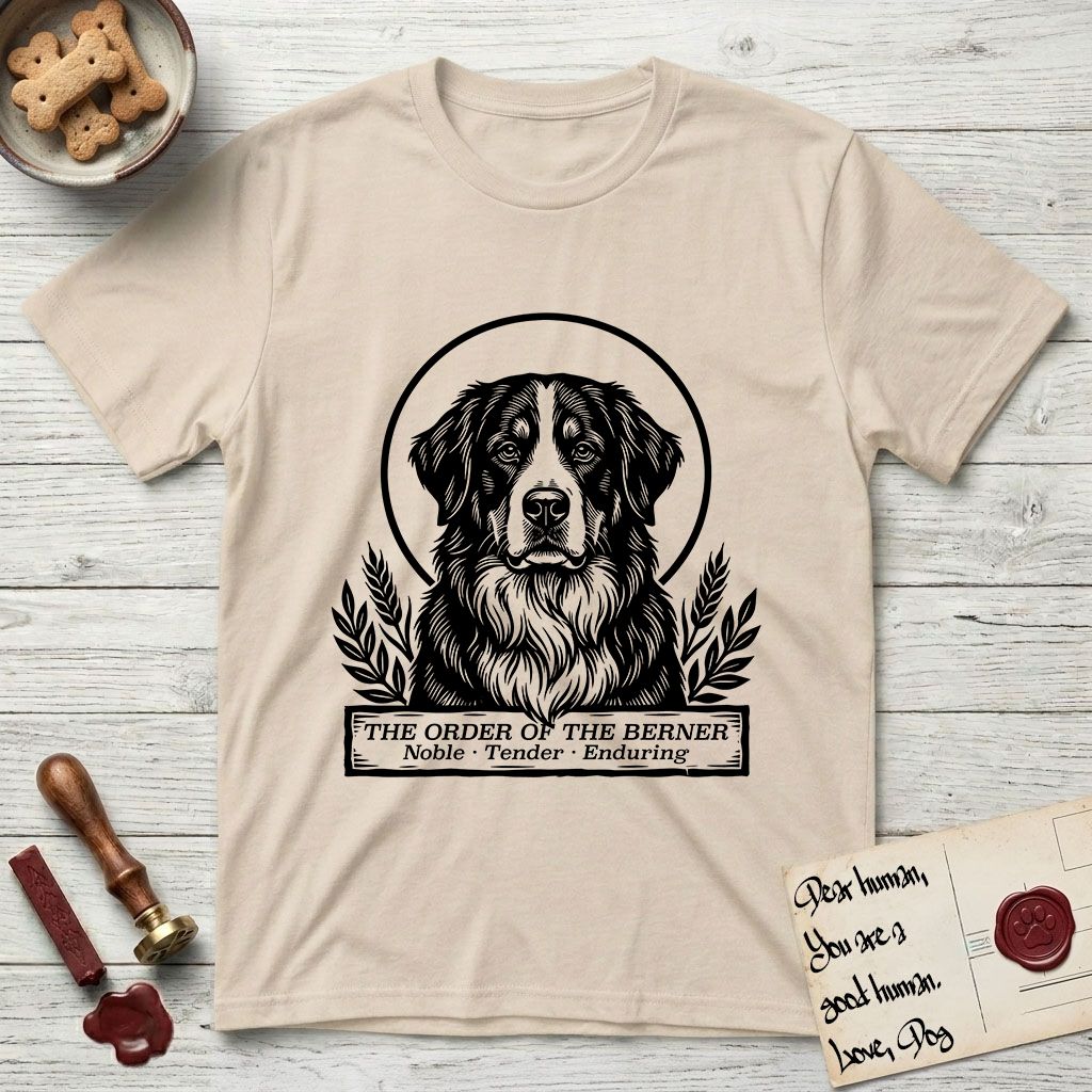 Holy Orders Bernese Mountain Dog T-Shirt flat lay in Sand, featuring a bold black-and-white linocut saint-medallion portrait of a Bernese Mountain Dog.