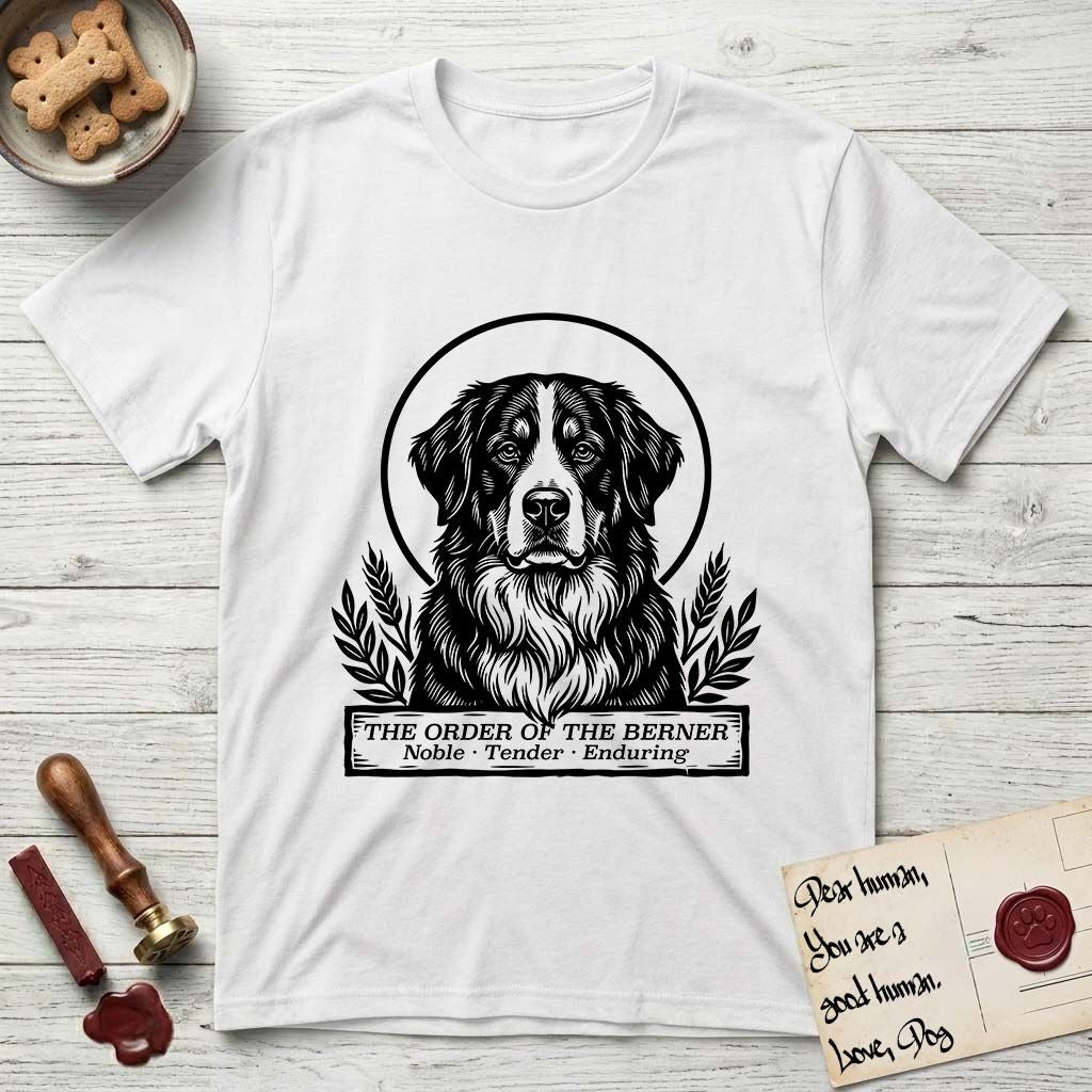 Holy Orders Bernese Mountain Dog T-Shirt flat lay in White, featuring a bold black-and-white linocut saint-medallion portrait of a Bernese Mountain Dog.
