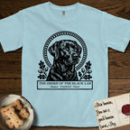 Holy Orders Black Lab T-Shirt flat lay in Chambray, featuring a bold black-and-white linocut saint-medallion portrait of a Black Lab.