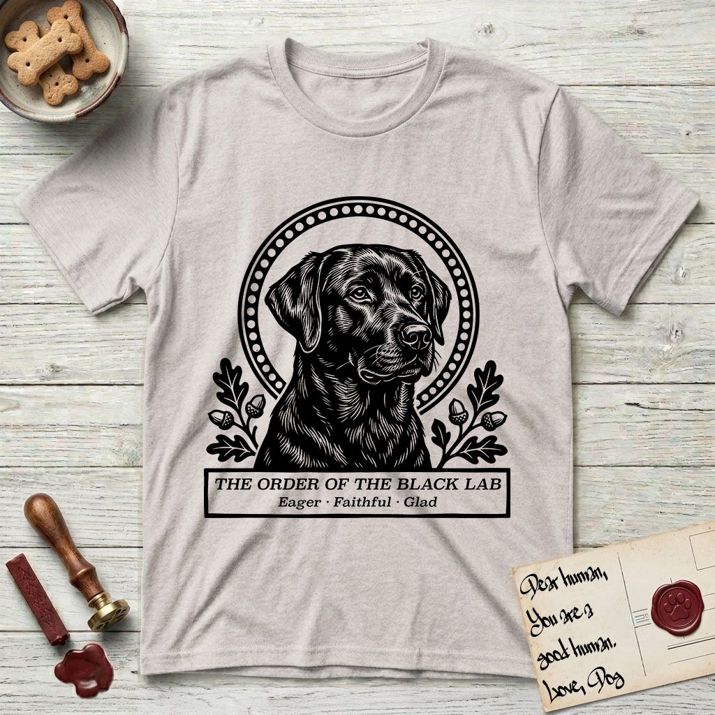 Holy Orders Black Lab T-Shirt flat lay in Ice Grey, featuring a bold black-and-white linocut saint-medallion portrait of a Black Lab.