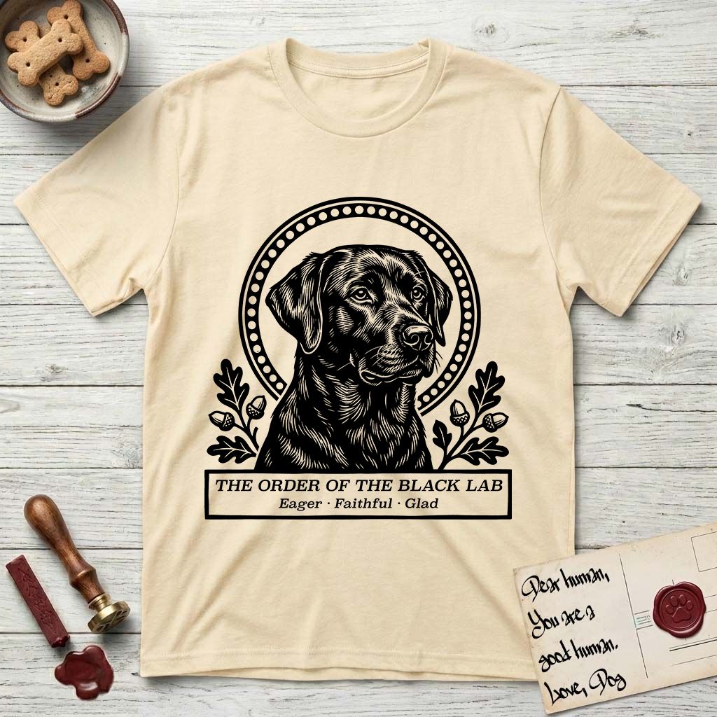 Holy Orders Black Lab T-Shirt flat lay in Natural, featuring a bold black-and-white linocut saint-medallion portrait of a Black Lab.