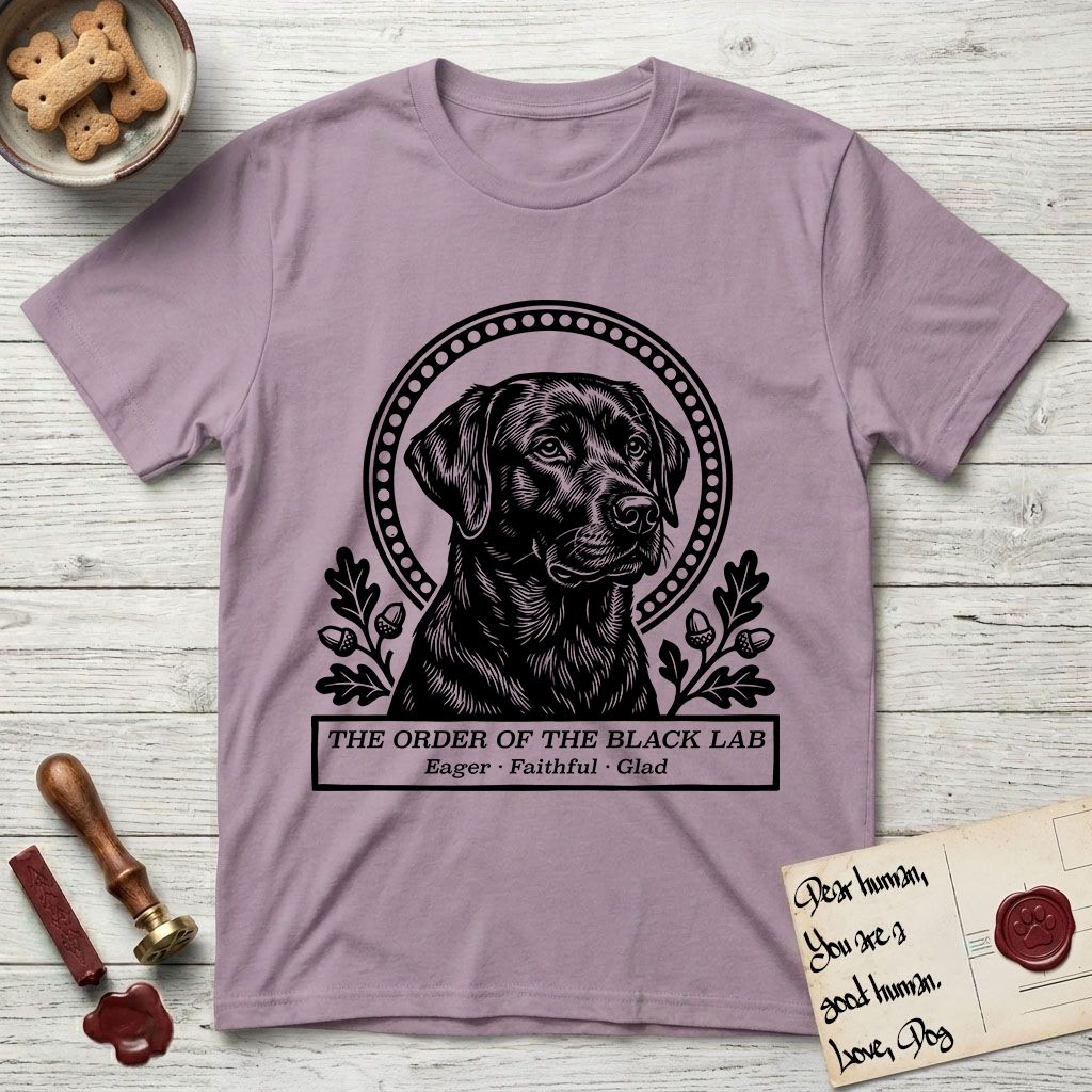 Holy Orders Black Lab T-Shirt flat lay in Paragon, featuring a bold black-and-white linocut saint-medallion portrait of a Black Lab.