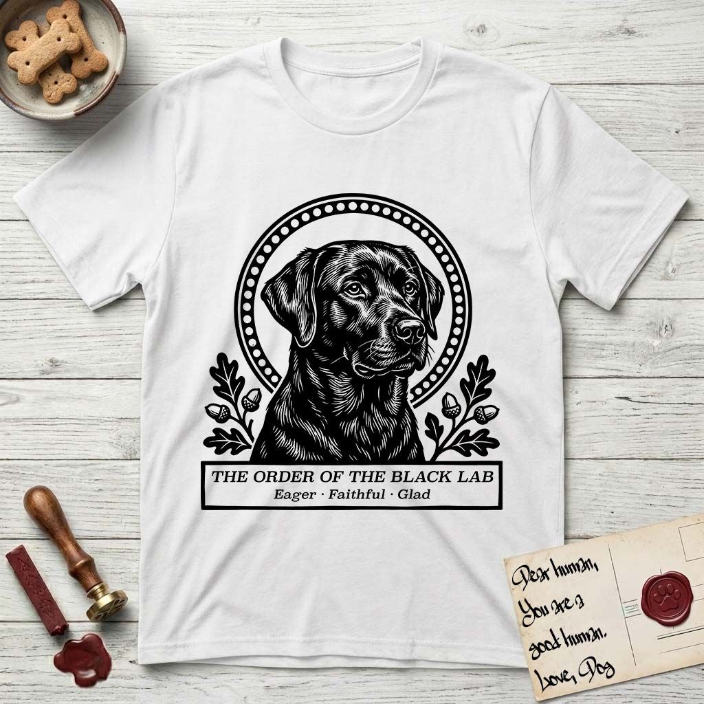Holy Orders Black Lab T-Shirt flat lay in White, featuring a bold black-and-white linocut saint-medallion portrait of a Black Lab.