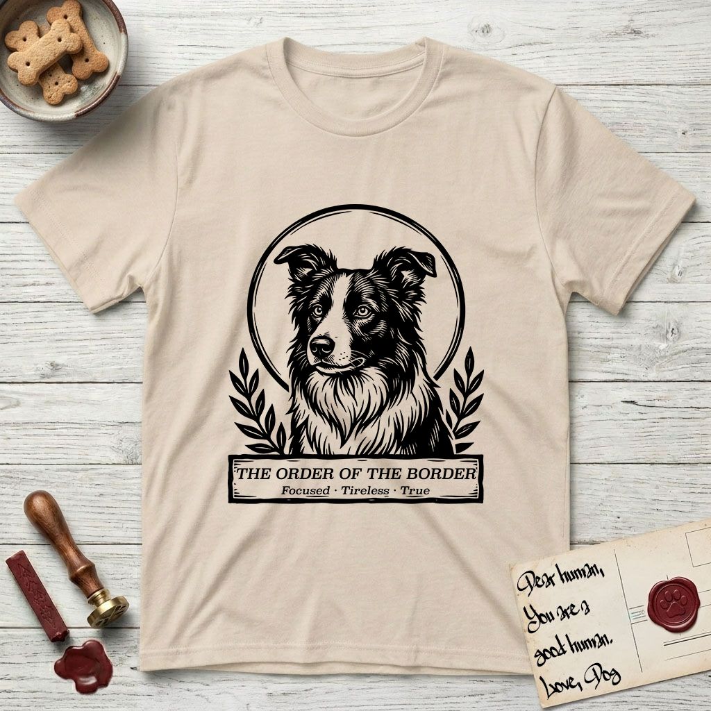 Holy Orders Border Collie T-Shirt flat lay in Sand, featuring a bold black-and-white linocut saint-medallion portrait of a Border Collie.