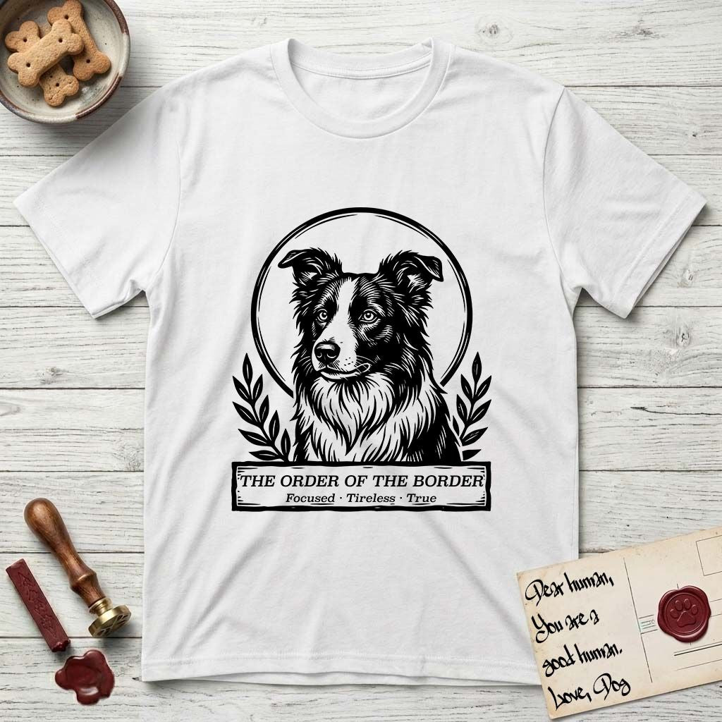Holy Orders Border Collie T-Shirt flat lay in White, featuring a bold black-and-white linocut saint-medallion portrait of a Border Collie.