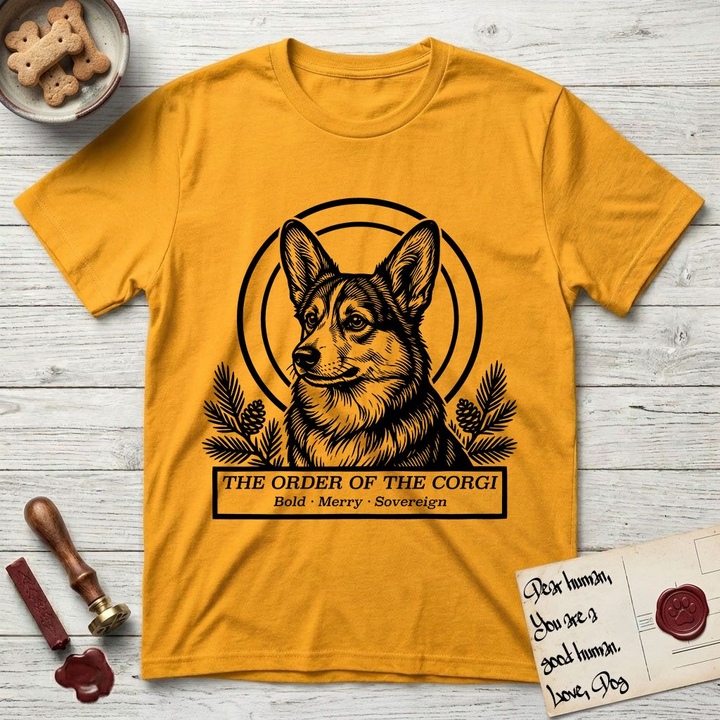 Holy Orders Corgi T-Shirt flat lay in Gold, featuring a bold black-and-white linocut saint-medallion portrait of a Corgi.
