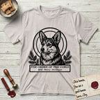 Holy Orders Corgi T-Shirt flat lay in Ice Grey, featuring a bold black-and-white linocut saint-medallion portrait of a Corgi.