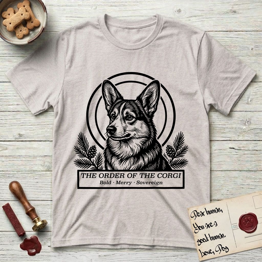Holy Orders Corgi T-Shirt flat lay in Ice Grey, featuring a bold black-and-white linocut saint-medallion portrait of a Corgi.