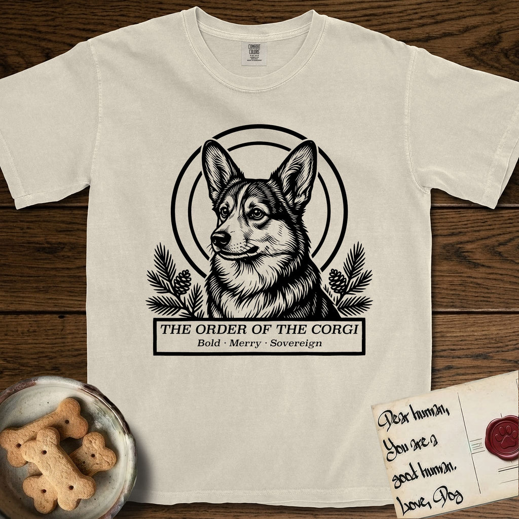 Holy Orders Corgi T-Shirt flat lay in Ivory, featuring a bold black-and-white linocut saint-medallion portrait of a Corgi.