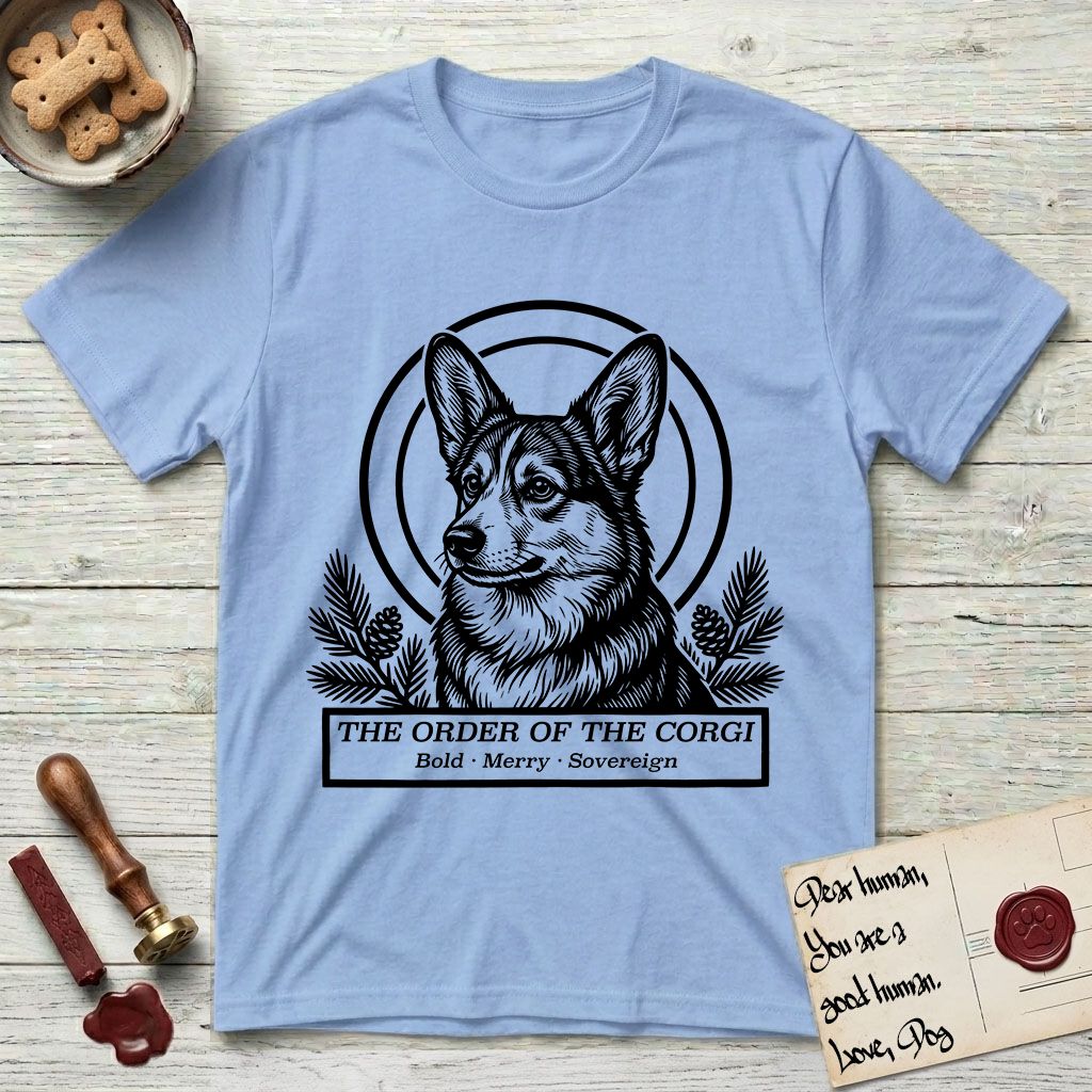 Holy Orders Corgi T-Shirt flat lay in Light Blue, featuring a bold black-and-white linocut saint-medallion portrait of a Corgi.