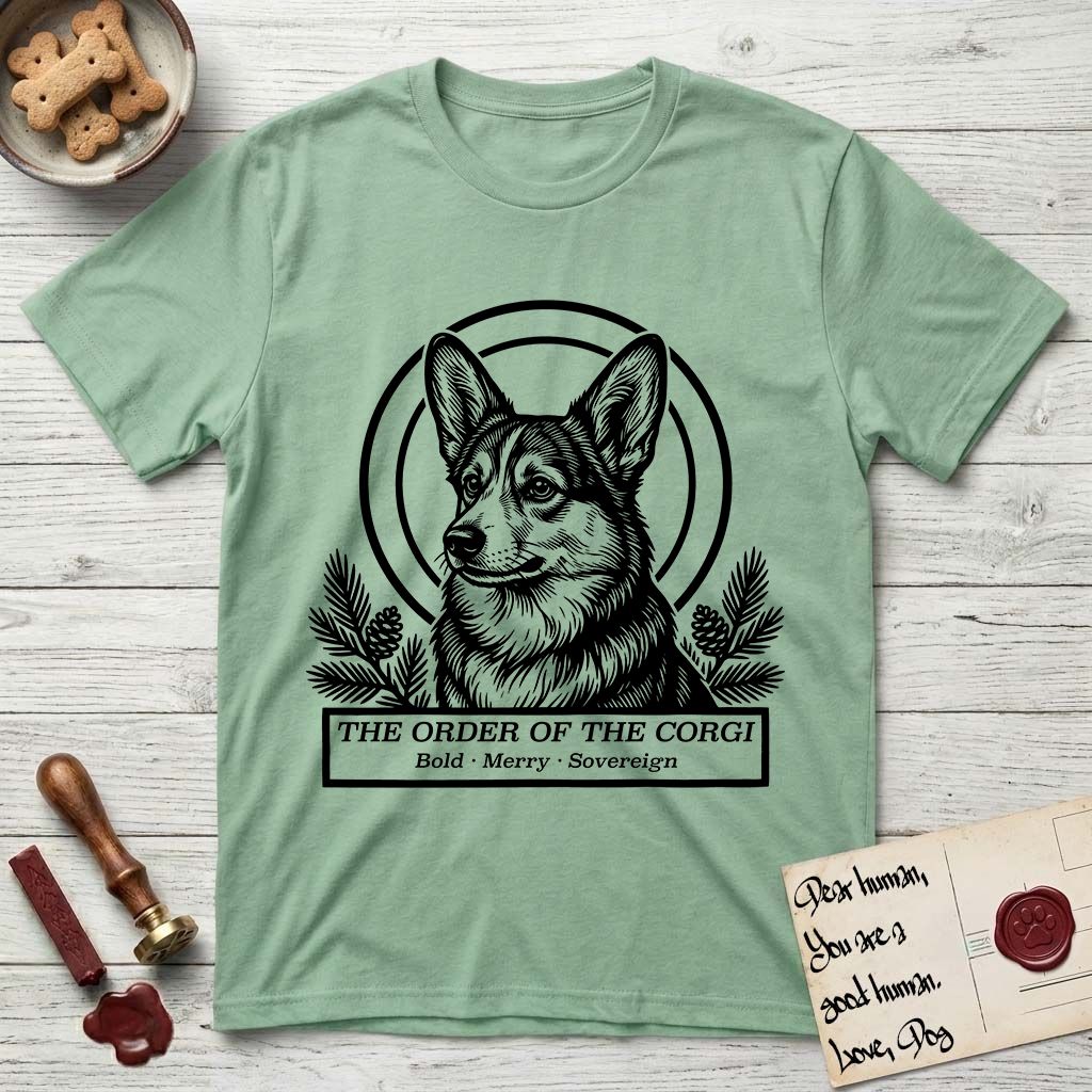 Holy Orders Corgi T-Shirt flat lay in Mint Green, featuring a bold black-and-white linocut saint-medallion portrait of a Corgi.