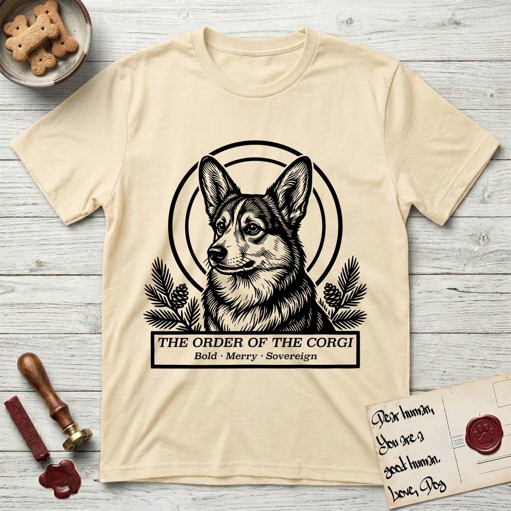 Holy Orders Corgi T-Shirt flat lay in Natural, featuring a bold black-and-white linocut saint-medallion portrait of a Corgi.