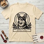 Holy Orders Corgi T-Shirt flat lay in Natural, featuring a bold black-and-white linocut saint-medallion portrait of a Corgi.