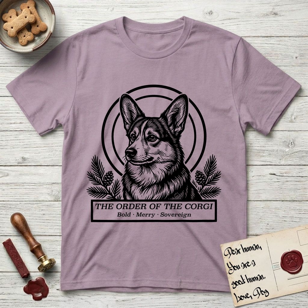 Holy Orders Corgi T-Shirt flat lay in Paragon, featuring a bold black-and-white linocut saint-medallion portrait of a Corgi.