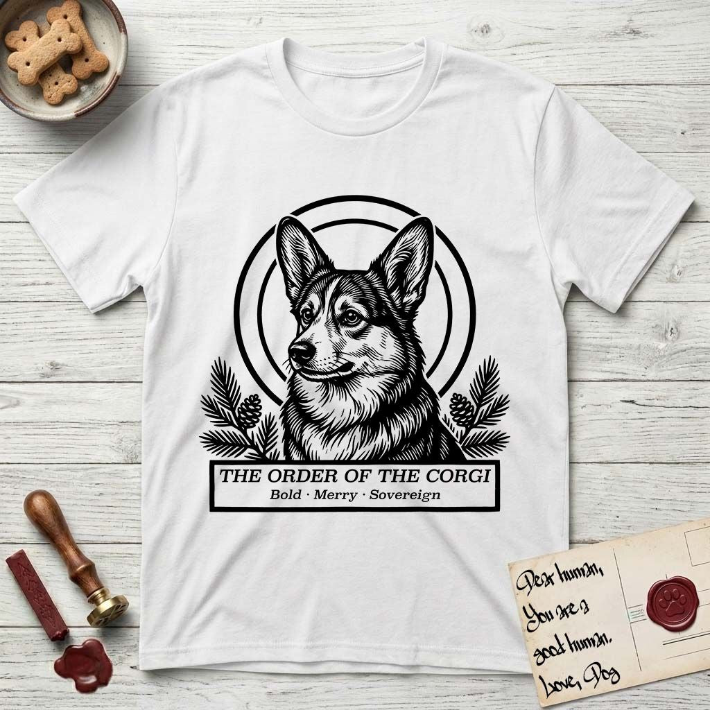 Holy Orders Corgi T-Shirt flat lay in White, featuring a bold black-and-white linocut saint-medallion portrait of a Corgi.
