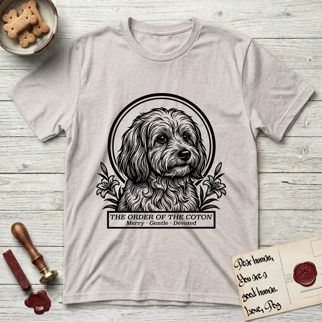Holy Orders Coton T-Shirt flat lay in Ice Grey, featuring a bold black-and-white linocut saint-medallion portrait of a Coton de Tulear.