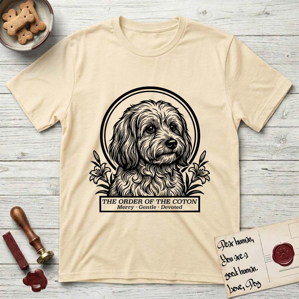 Holy Orders Coton T-Shirt flat lay in Natural, featuring a bold black-and-white linocut saint-medallion portrait of a Coton de Tulear.