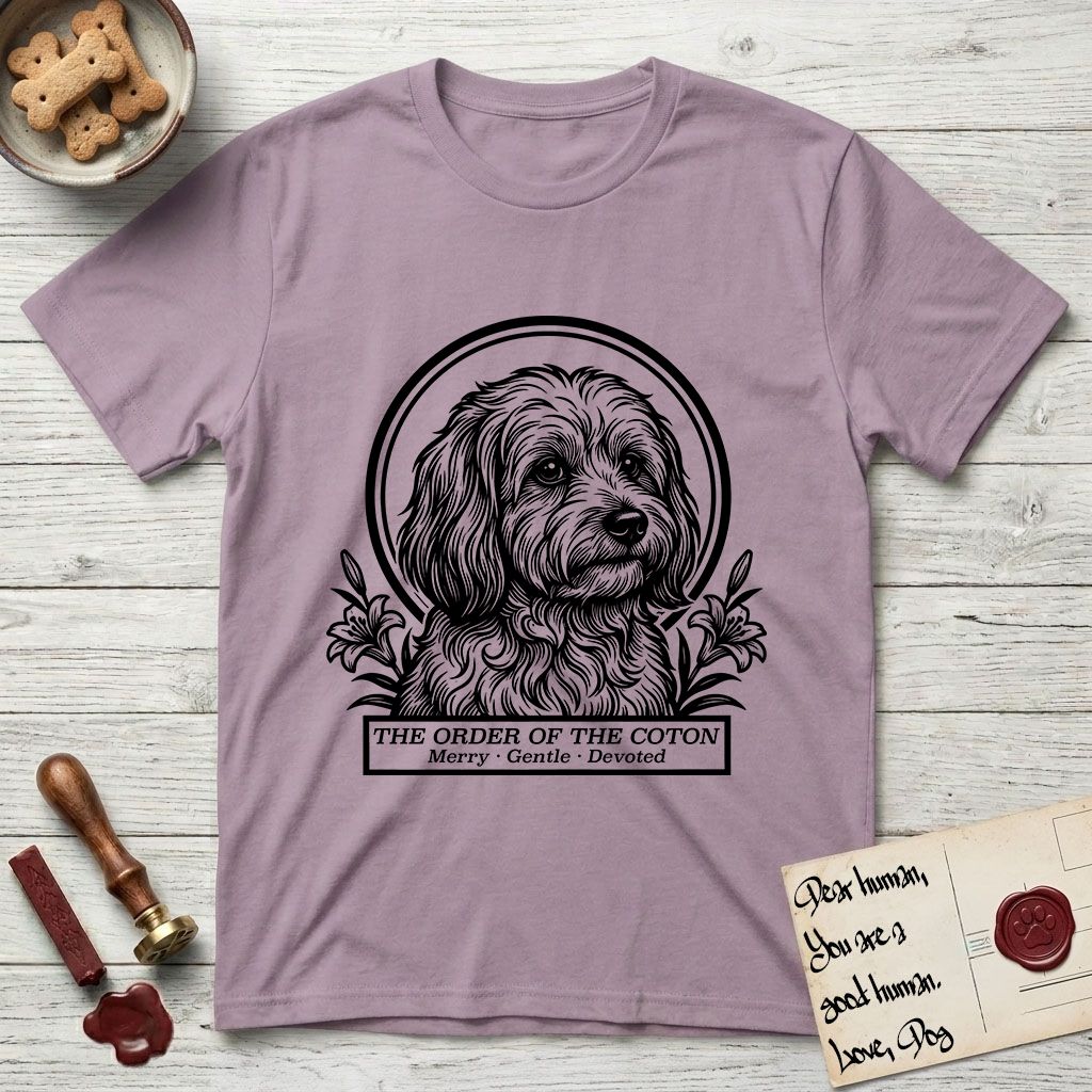 Holy Orders Coton T-Shirt flat lay in Paragon, featuring a bold black-and-white linocut saint-medallion portrait of a Coton de Tulear.
