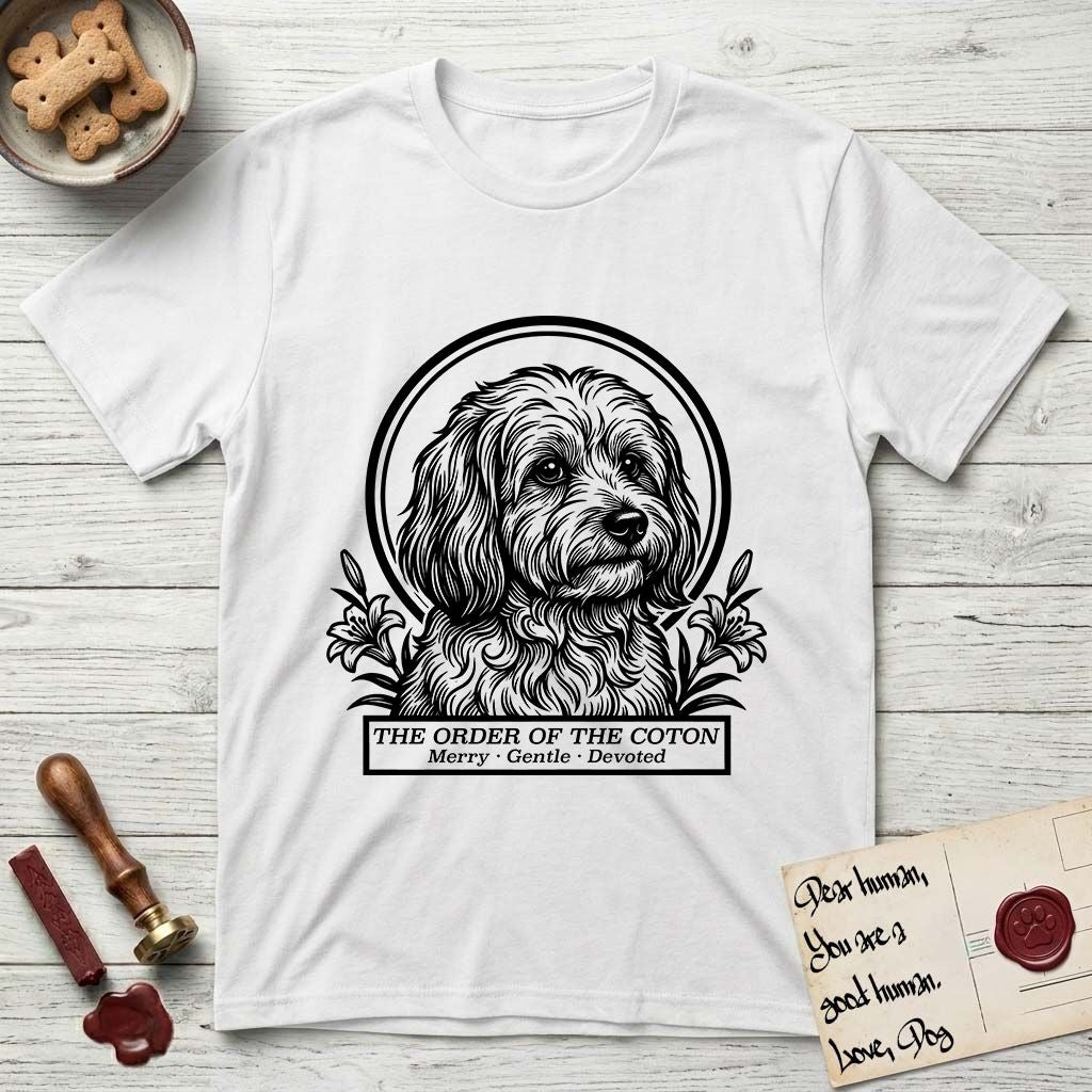 Holy Orders Coton T-Shirt flat lay in White, featuring a bold black-and-white linocut saint-medallion portrait of a Coton de Tulear.