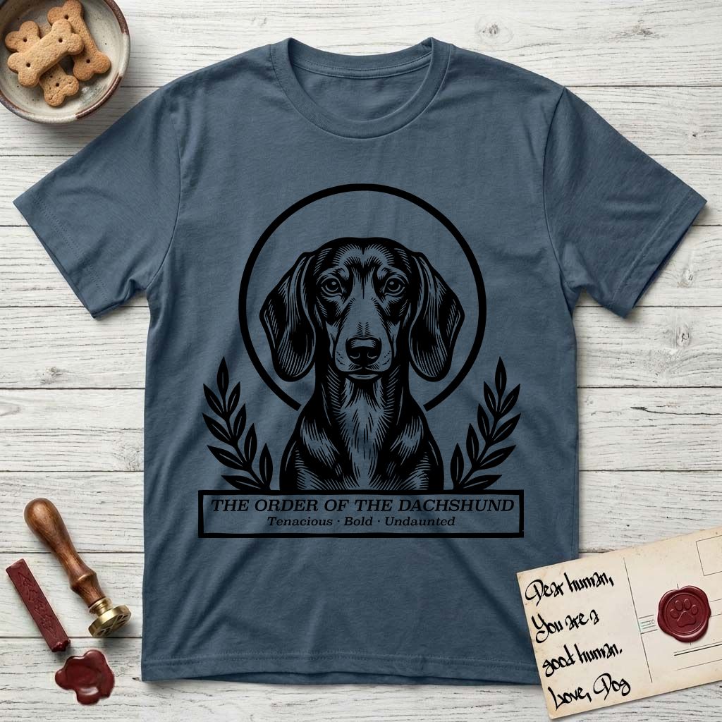 Holy Orders Dachshund T-Shirt flat lay in Indigo Blue, featuring a bold black-and-white linocut saint-medallion portrait of a Dachshund.