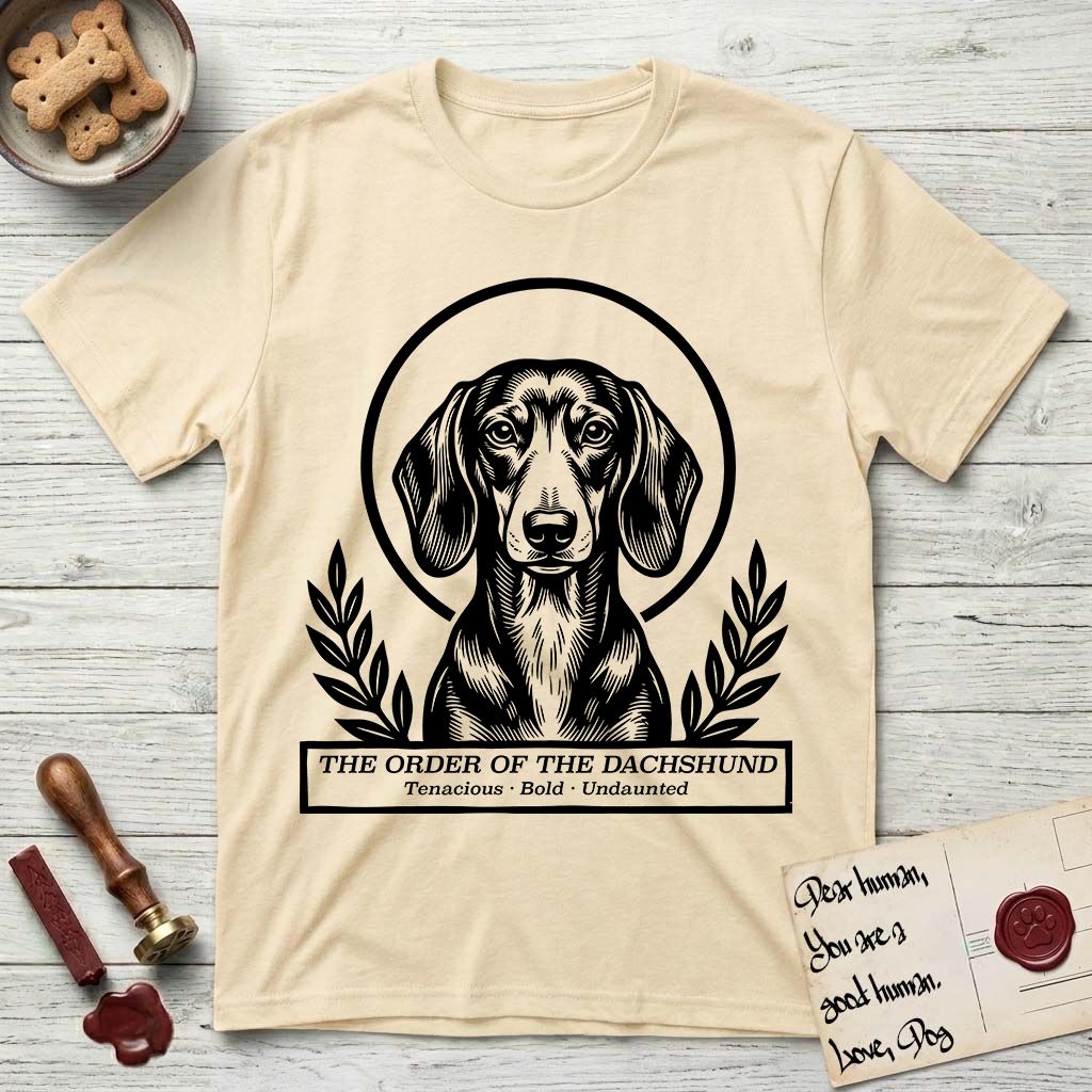 Holy Orders Dachshund T-Shirt flat lay in Natural, featuring a bold black-and-white linocut saint-medallion portrait of a Dachshund.