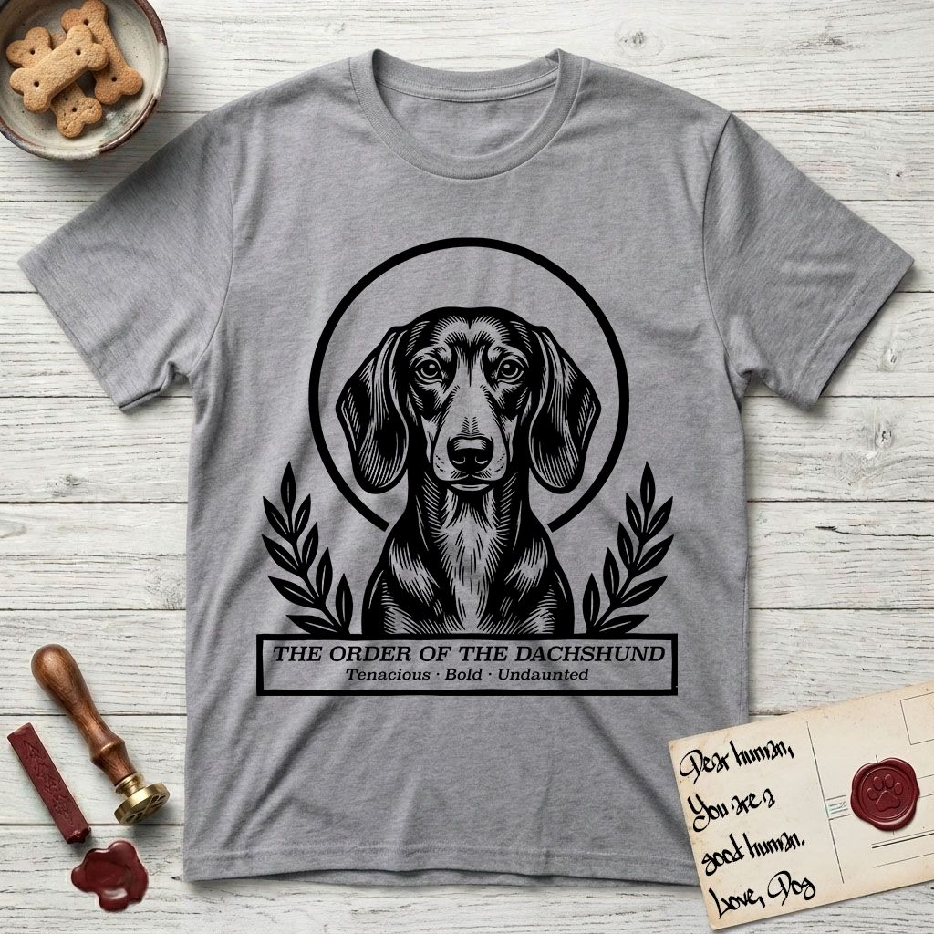 Holy Orders Dachshund T-Shirt flat lay in Sport Grey, featuring a bold black-and-white linocut saint-medallion portrait of a Dachshund.