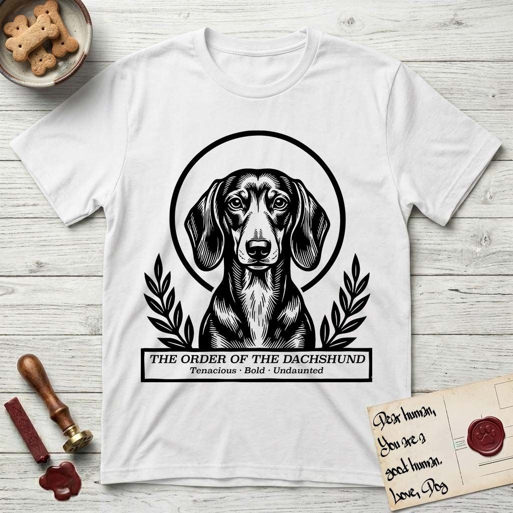 Holy Orders Dachshund T-Shirt flat lay in White, featuring a bold black-and-white linocut saint-medallion portrait of a Dachshund.