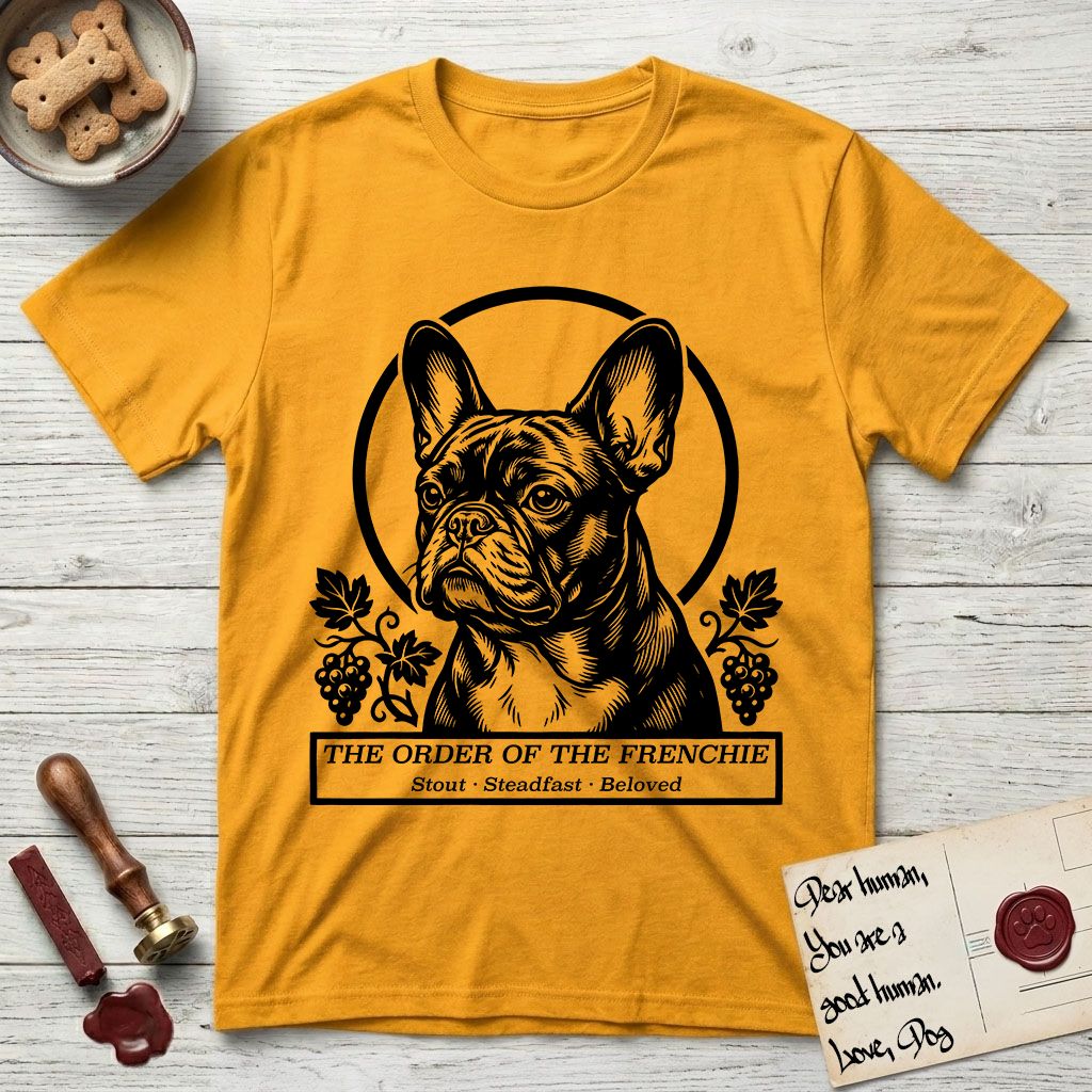 Holy Orders French Bulldog T-Shirt flat lay in Gold, featuring a bold black-and-white linocut saint-medallion portrait of a French Bulldog.