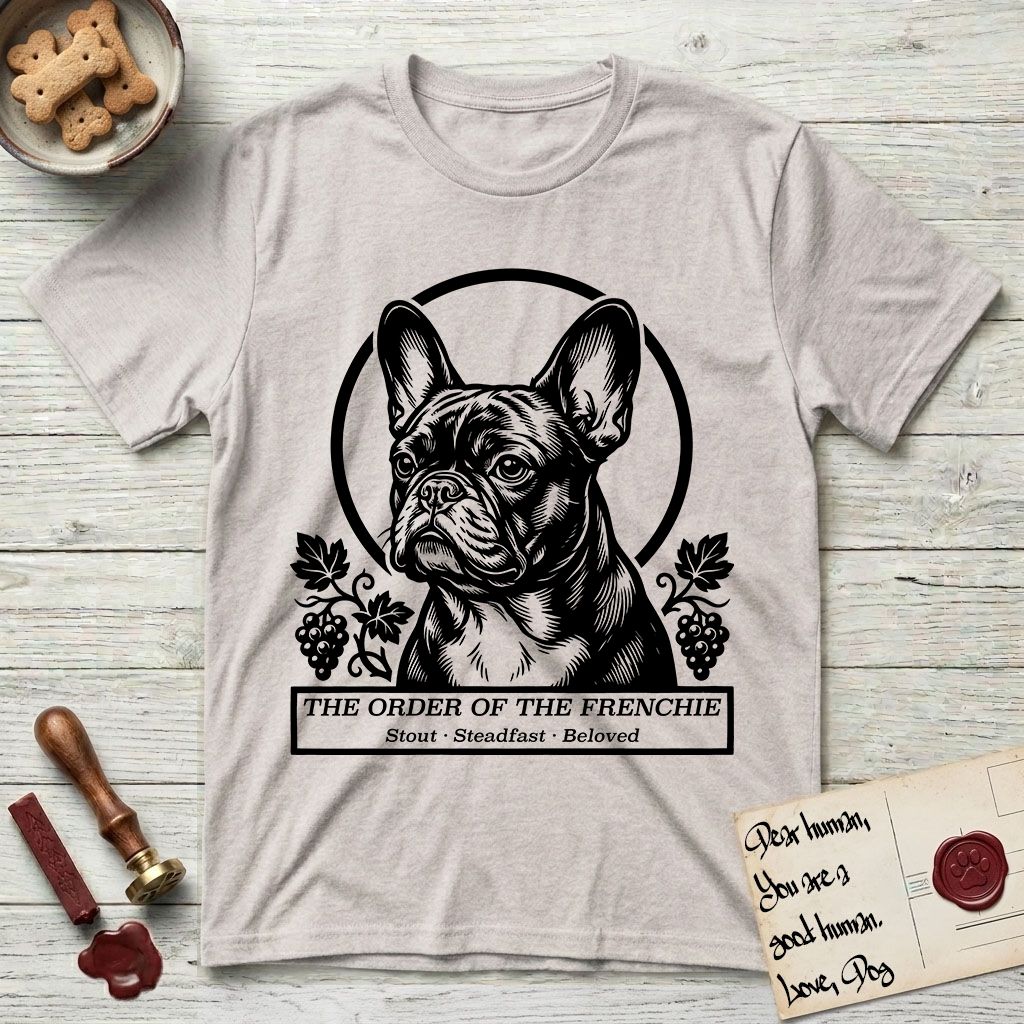 Holy Orders French Bulldog T-Shirt flat lay in Ice Grey, featuring a bold black-and-white linocut saint-medallion portrait of a French Bulldog.